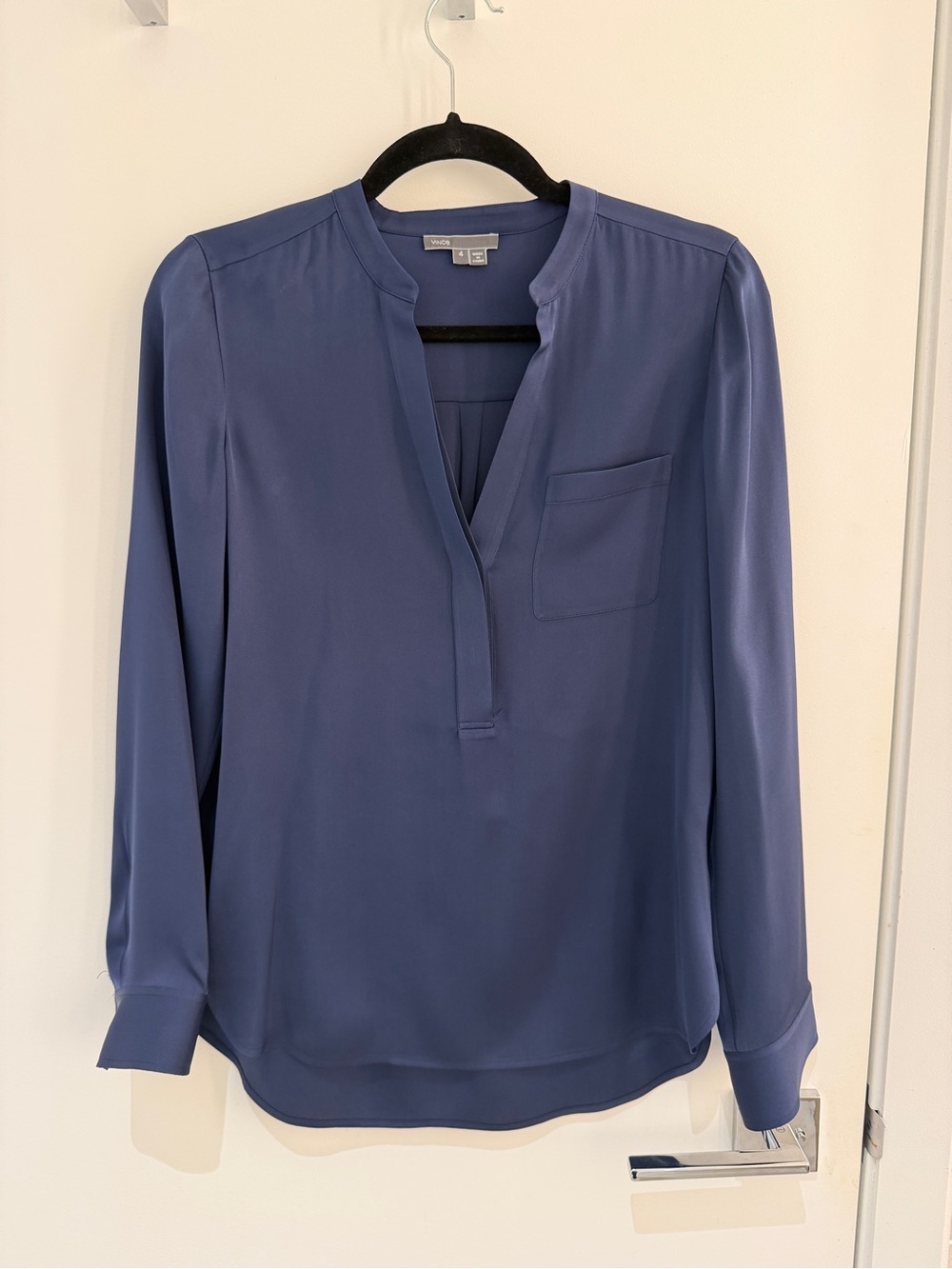 Vince Slate Blue Split V-Neck Long Sleeve Blouse